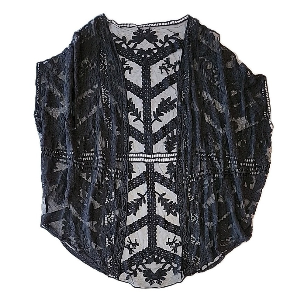 Black Sheer Lace Kimono Cardigan Sz OS Duster Whimsigoth‎ Boho Dark Fairy Grunge